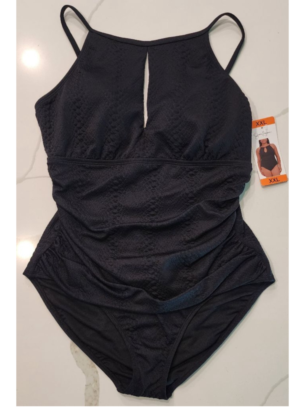 Jessica Simpson XXL Black One Piece Swimsuit Textured Ruched Keyhole NWT